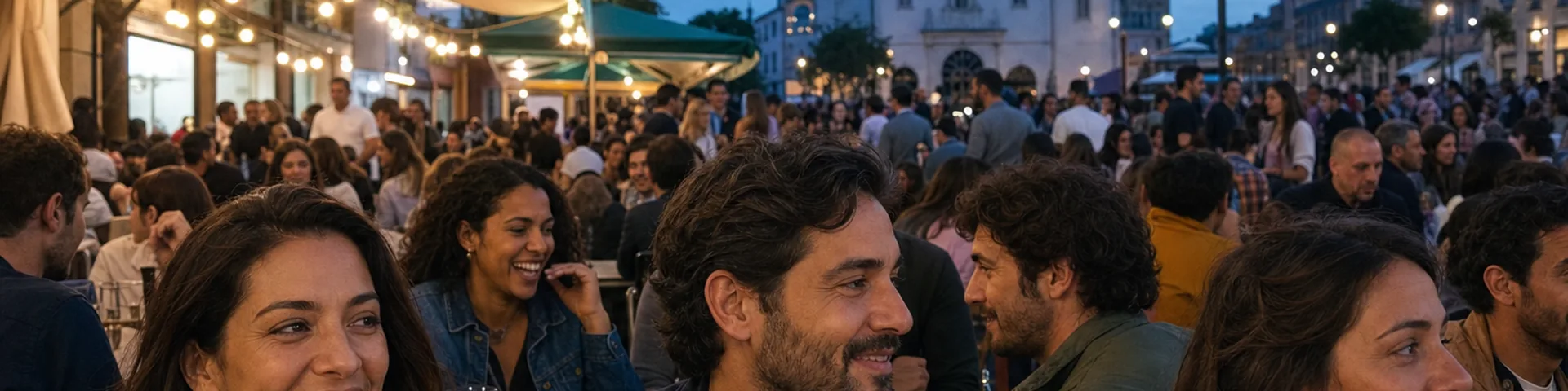 A crowded terrace at blue hour, faces in the front row