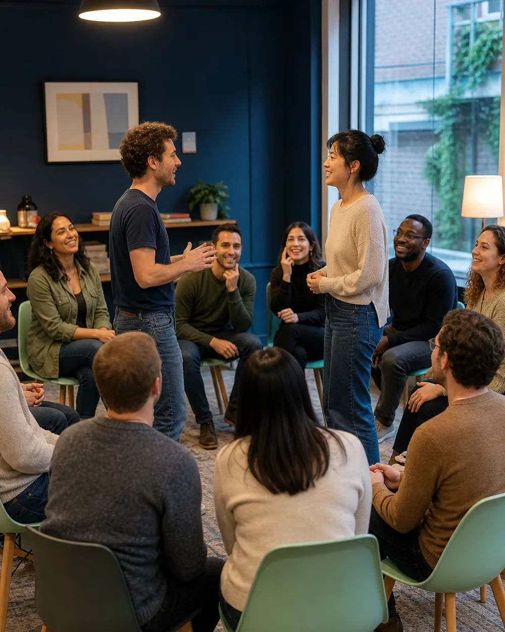 An informal evening language meetup in a circle of chairs