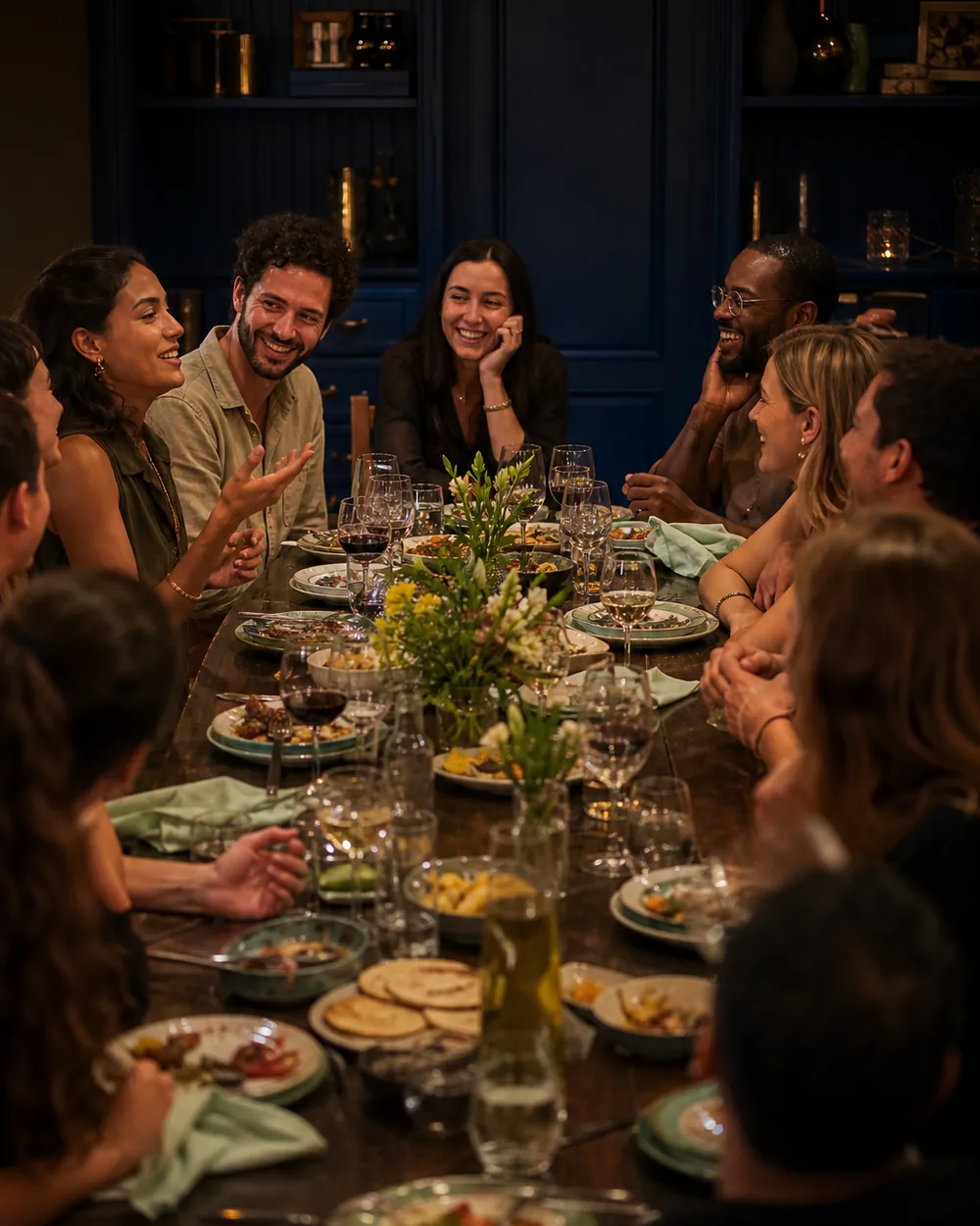 A long dinner table of friends talking and reacting to a story