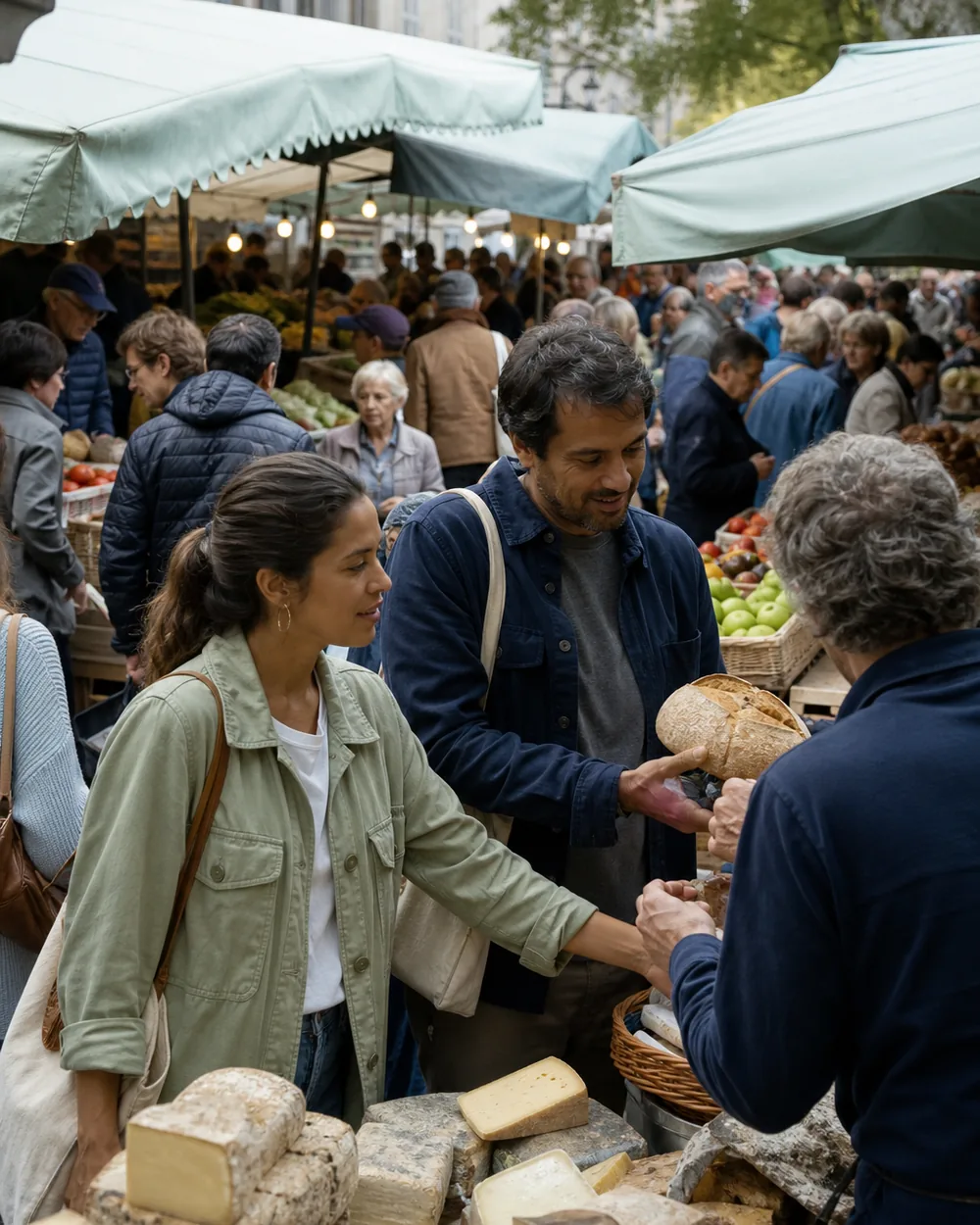 A dense open-air market crowd buying food and talking