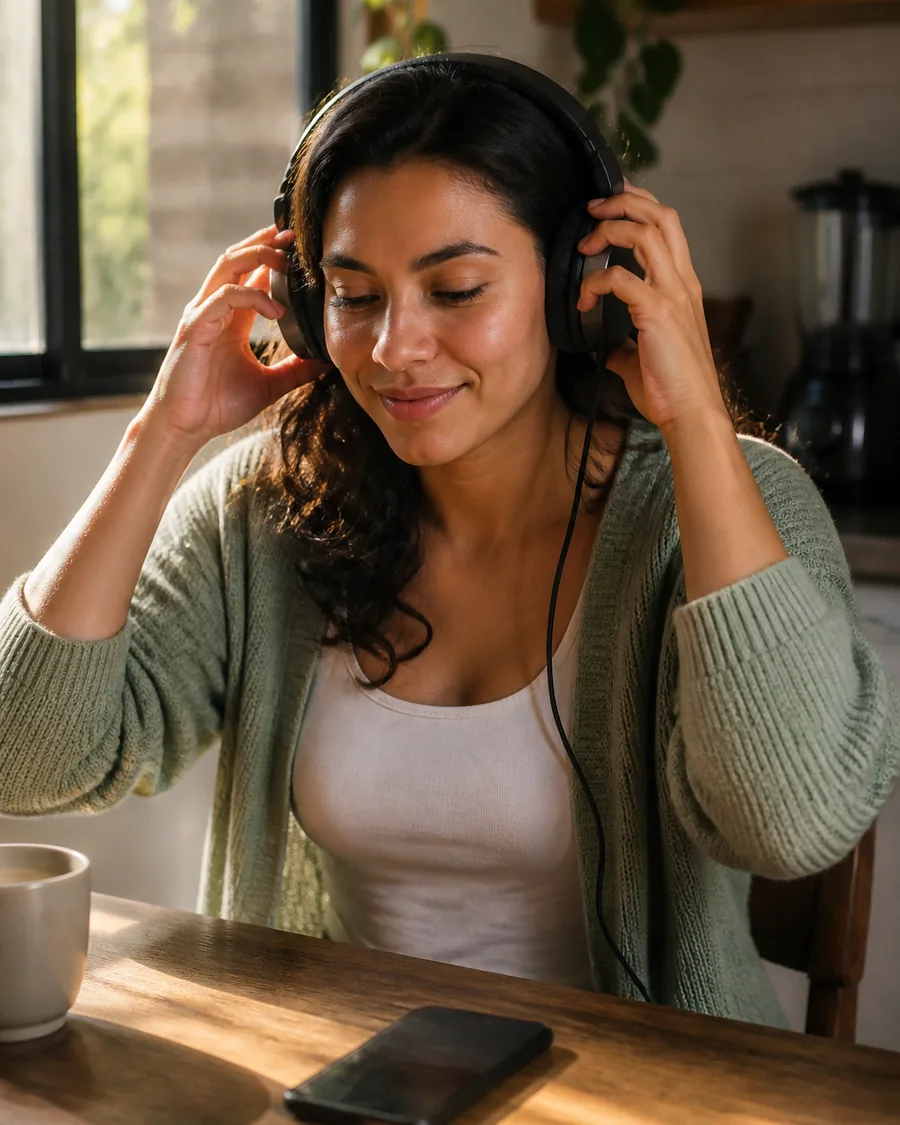 Someone putting on headphones at a kitchen table in morning light