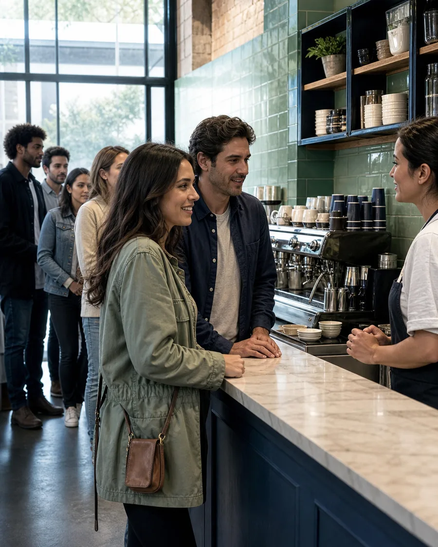 The same pair ordering at a cafe counter with a queue behind them
