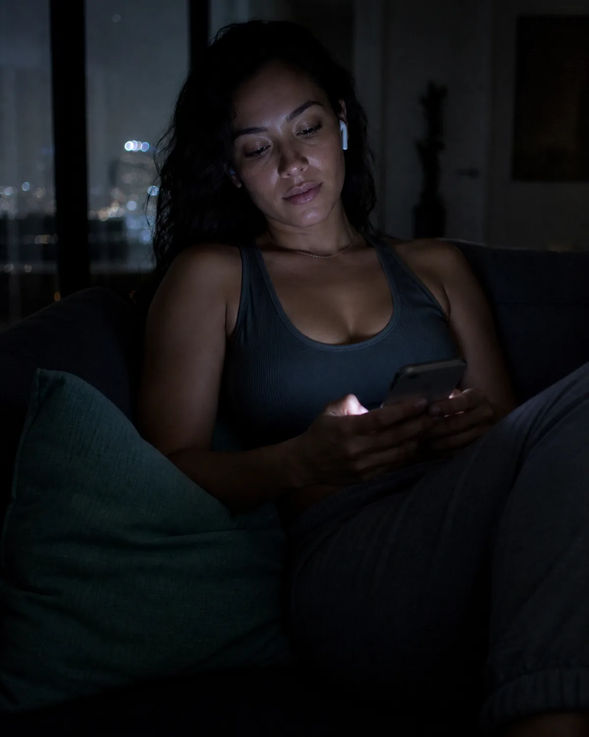 A person alone on a sofa at night, lit by a phone