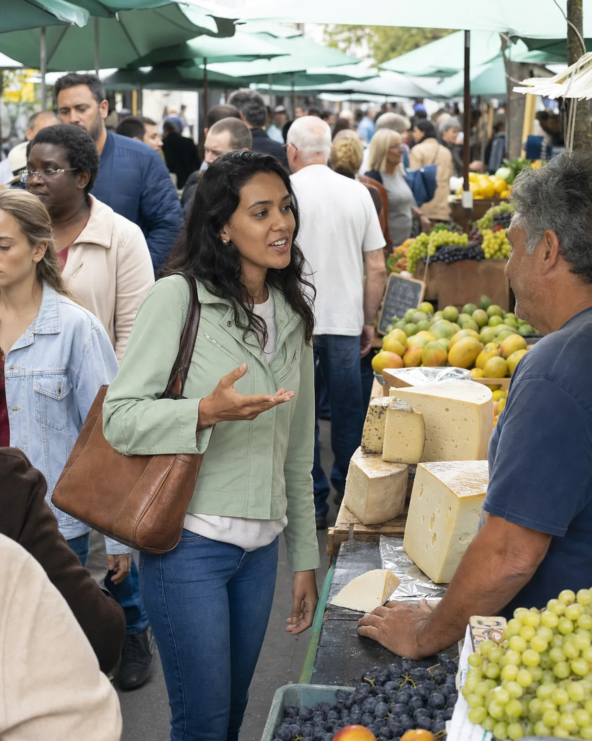 The same person talking with a stallholder in a busy market crowd