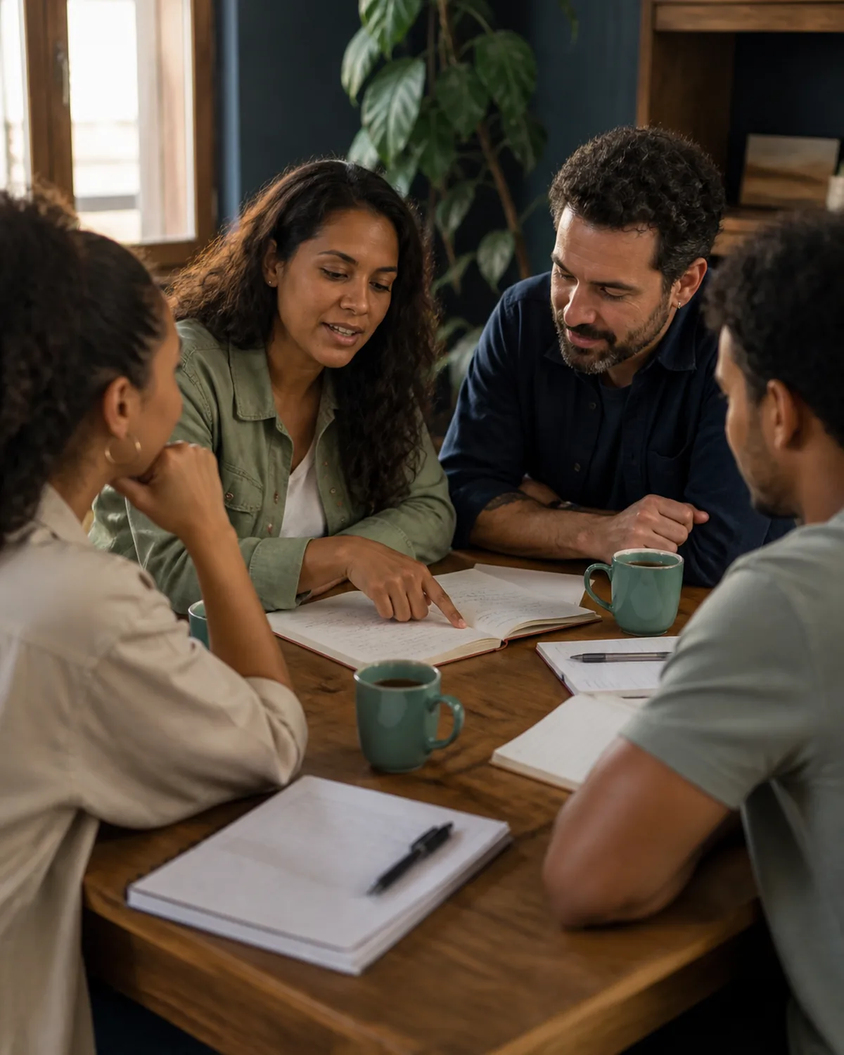 A small group around a table with notebooks and coffee, practising together