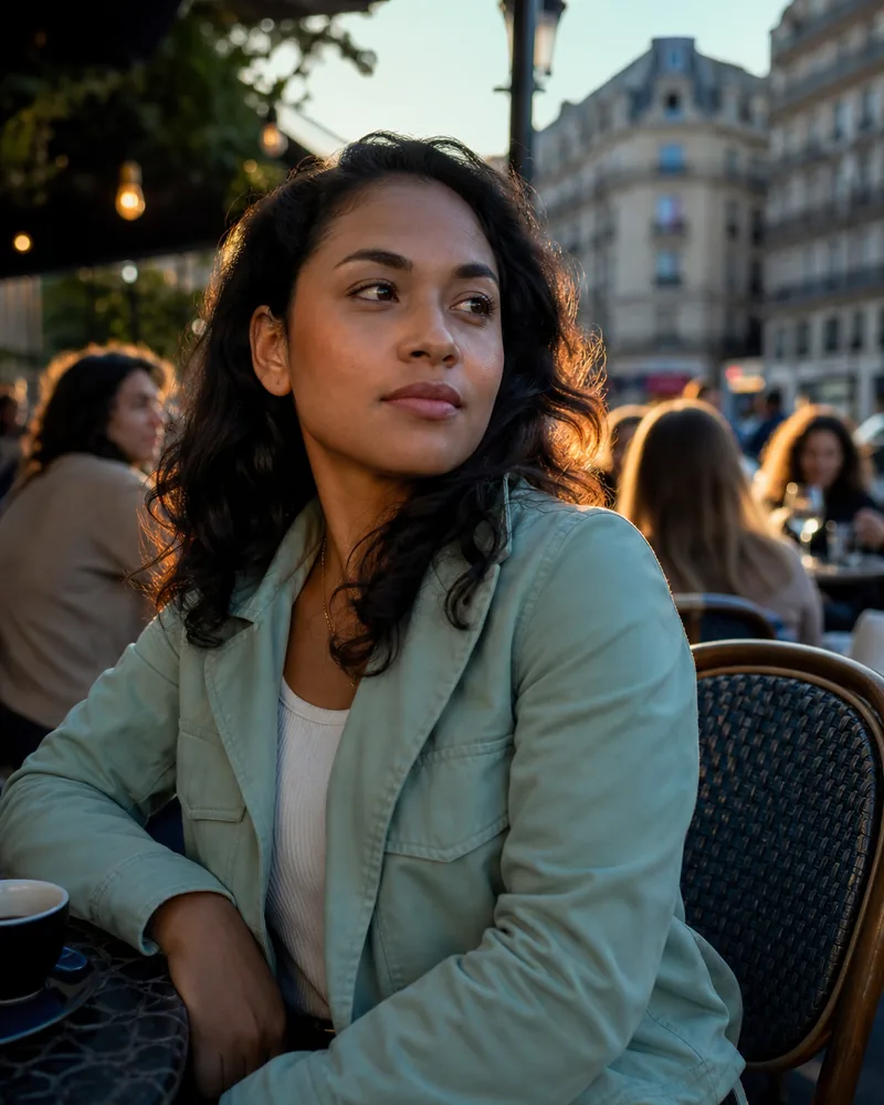 A woman at a cafe terrace with the city behind her