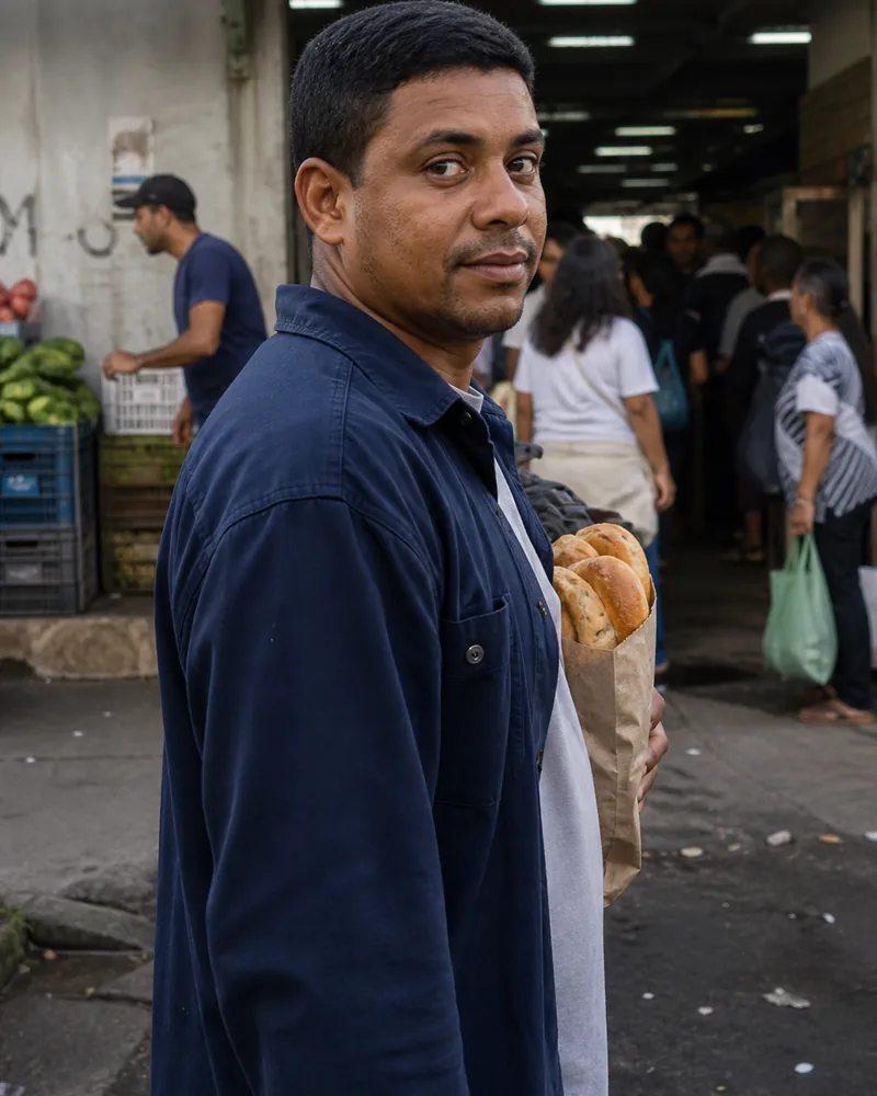 A man leaving a busy market with a bag, crowd in the street behind