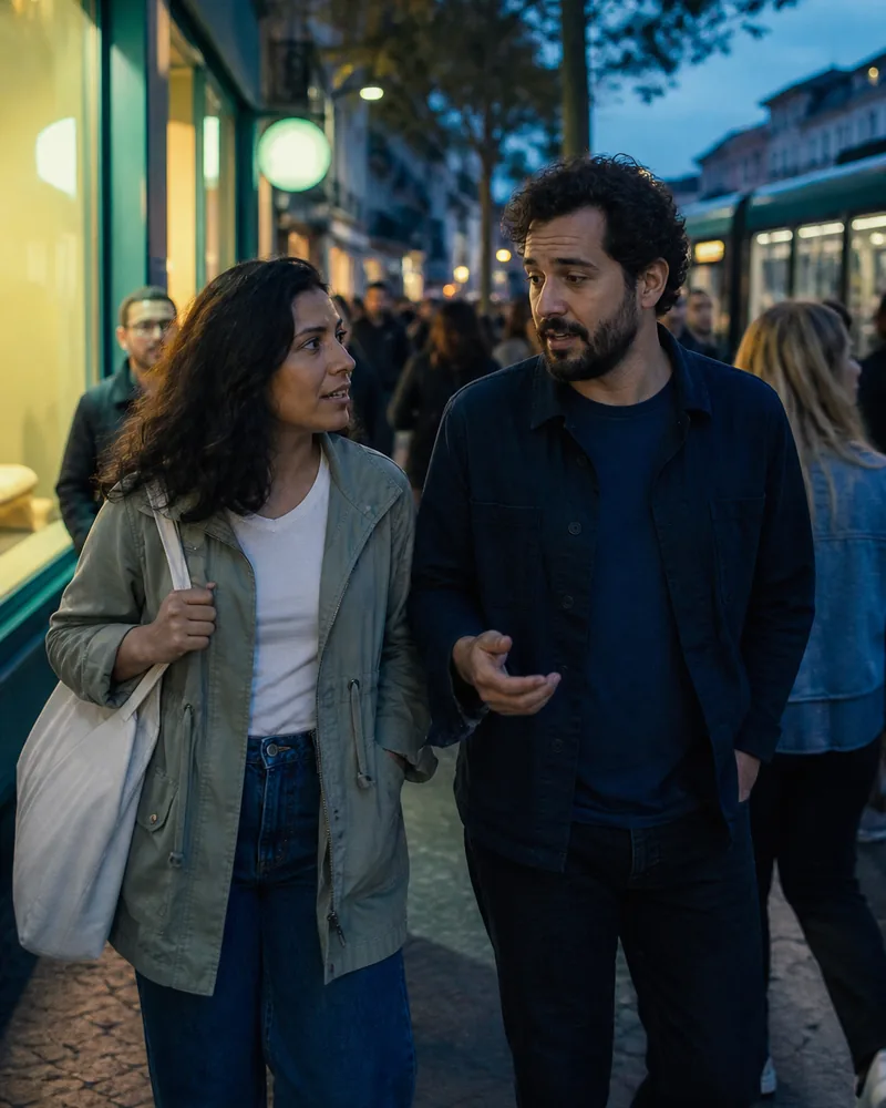 Two friends walking at dusk on a busy sidewalk, mid-conversation
